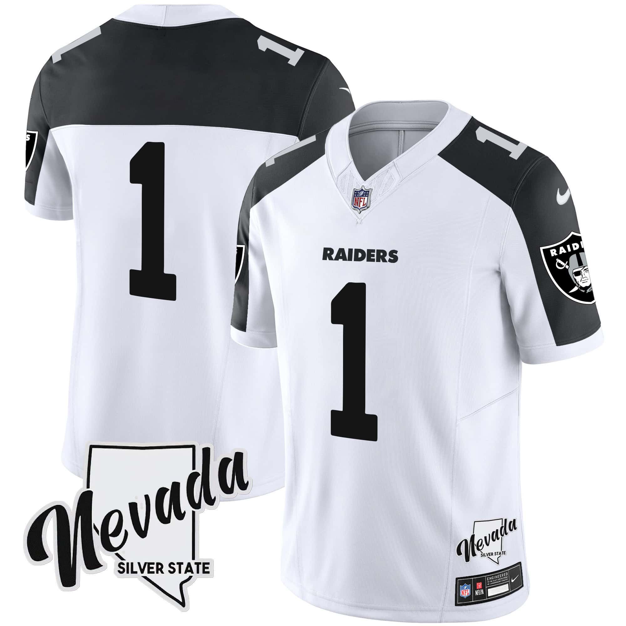 Men Oakland Raiders #1 No Name White 2024 Nike Nevada Silver State Patch Vapor NFL Jersey style 1